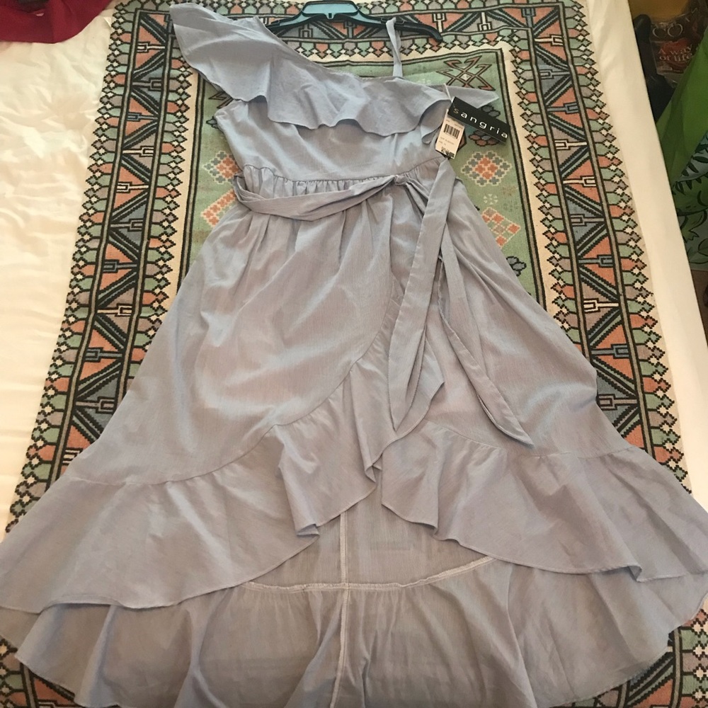 Blue and Ivory Stripes 1 Sleeve Dress with Ruffle.